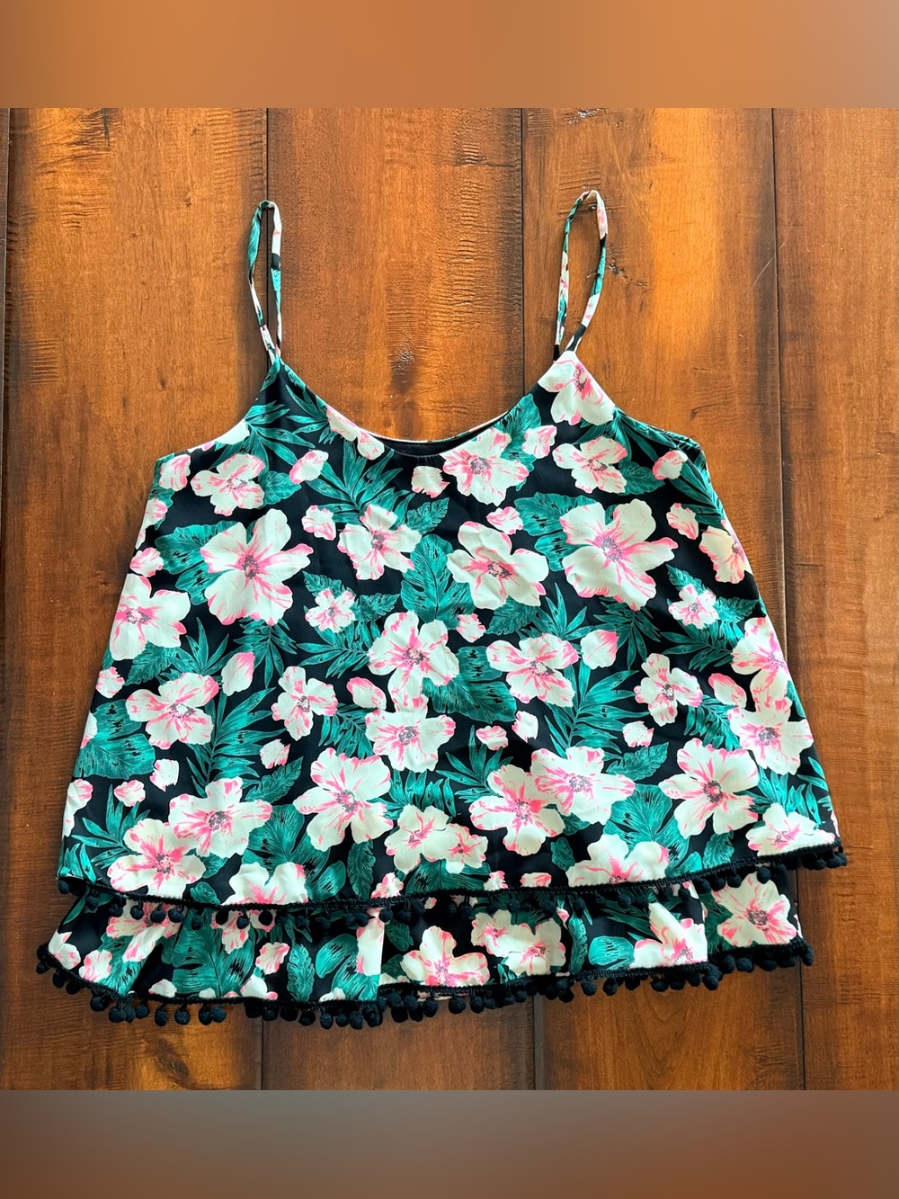 Floral Spaghetti Strap Cami Top - Black with Teal & Pink